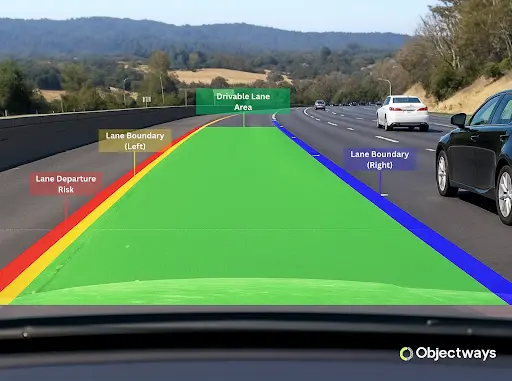 An image from a car's perspective showing semantic segmentation for autonomous driving. The drivable area is highlighted in green, lane boundaries in yellow and blue, and the lane departure risk area in red