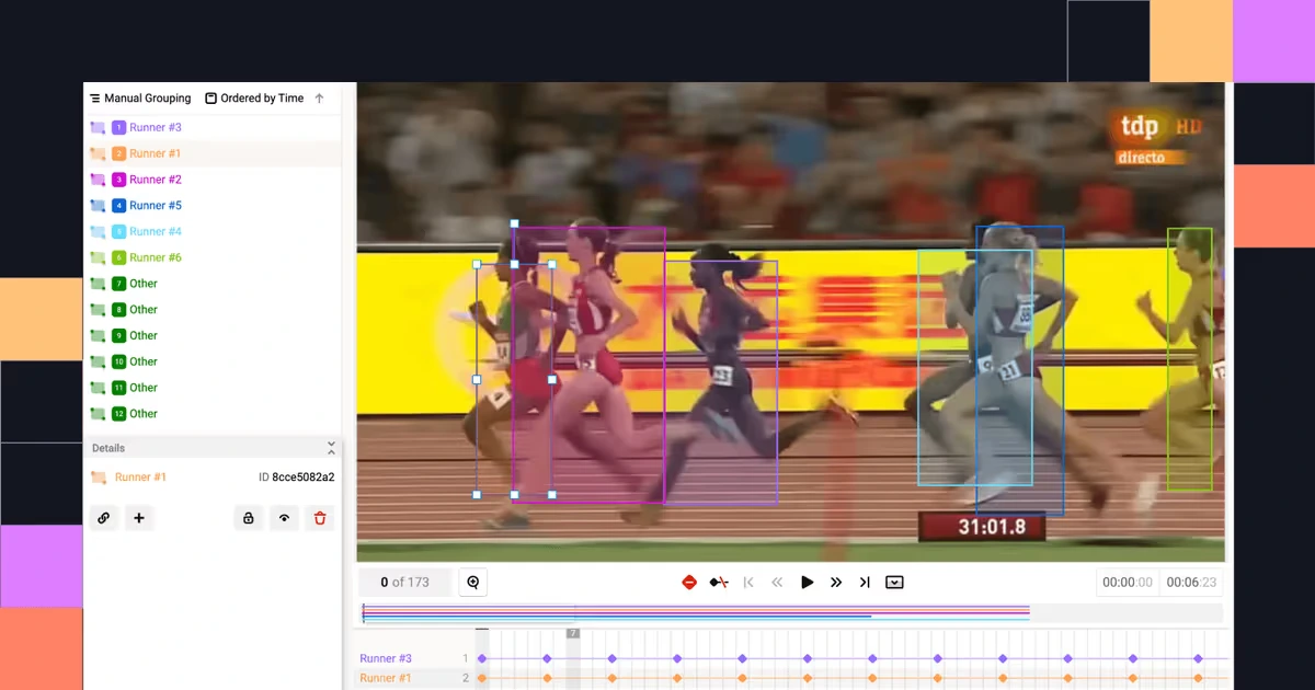 Multi-object tracking for sports video analysis using Label Studio. The UI shows individual runners being tracked with unique instance IDs and bounding boxes across a video timeline to create AI training data.