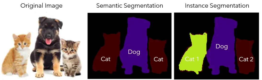 A diagram comparing semantic and instance segmentation. Semantic segmentation groups all cats into one class, while instance segmentation identifies each cat and the dog as distinct, individual objects