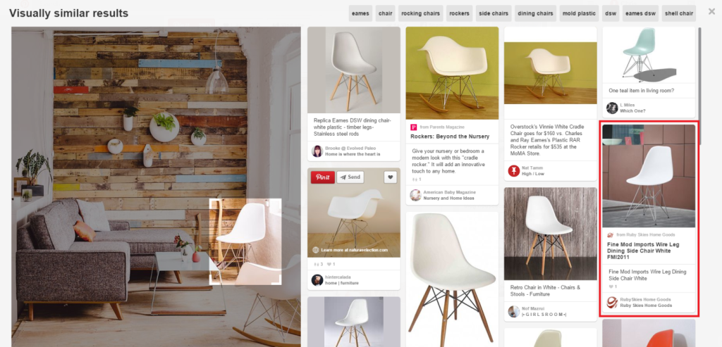 Screenshot of Pinterest's visual search feature. A user has selected a white chair in an image, and the system is showing visually similar chairs as product recommendations, demonstrating AI-powered image search.