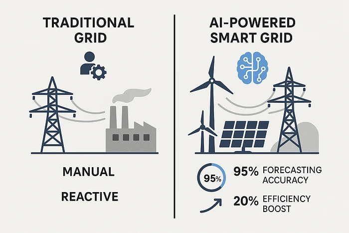 Infographic showing an AI smart grid with renewables is more efficient and accurate than a traditional, manual power grid