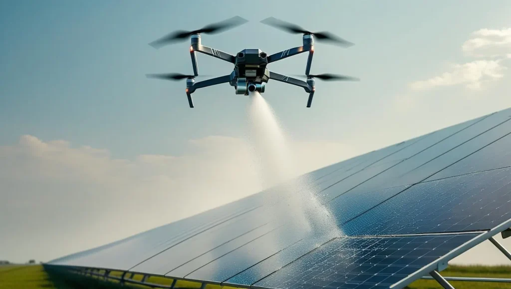 Photo of a drone flying over a solar farm, spraying the panels to clean them, showcasing automation in renewable energy