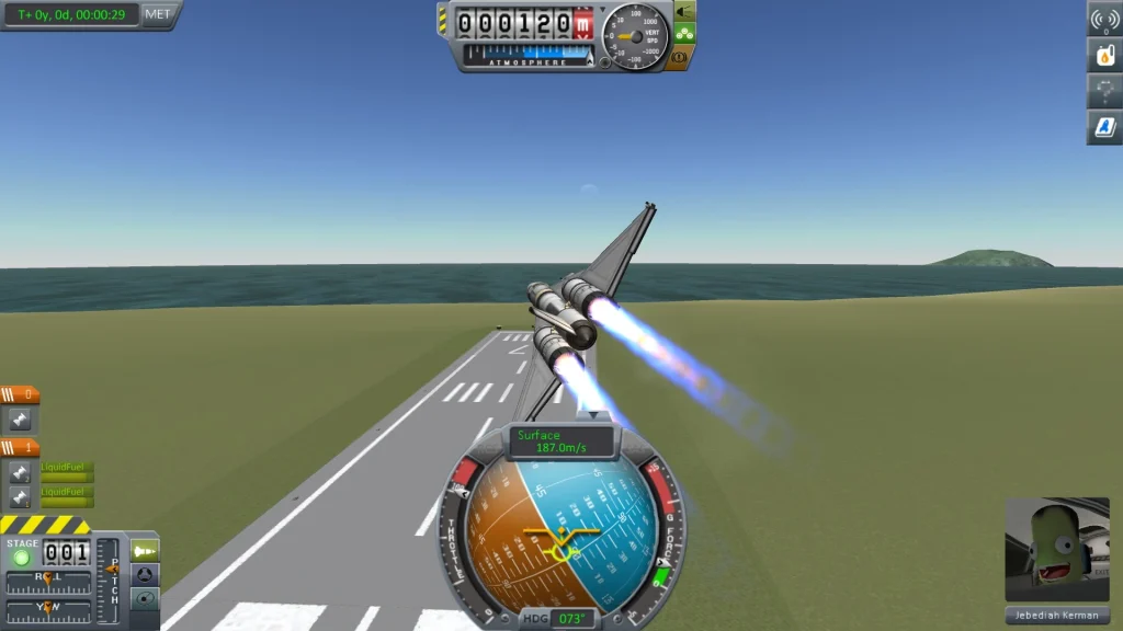A screenshot from the video game Kerbal Space Program, showing a space plane on a runway. This image serves as an example of a complex simulation environment for training and testing AI agents