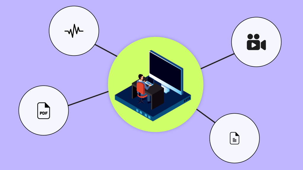 Illustration showing a central computer processing various data types, represented by icons for audio, video, PDF, and text documents.