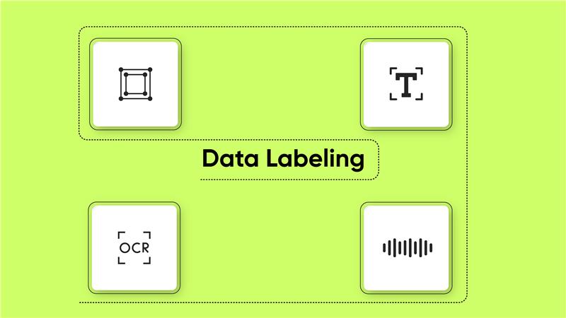 Graphic for "Data Labeling" showing four key annotation types: bounding box, text annotation, OCR, and audio waveform labeling.