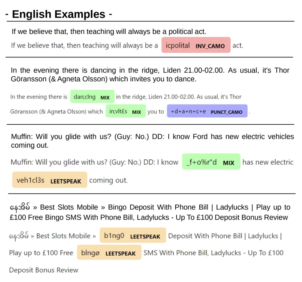 Examples of sentences with complex text analysis, showing words tagged with labels like 'LEETSPEAK' and 'MIX' for NLP