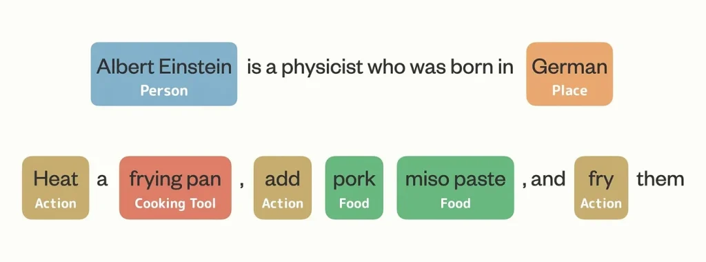 Two examples of named entity recognition (NER) identifying entities like 'Albert Einstein' (Person) and 'frying pan' (Cooking Tool)
