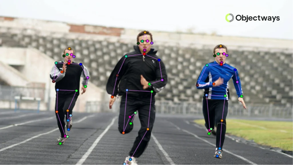 Three runners on a track with AI pose estimation overlays, showing keypoints on their joints to analyze human motion