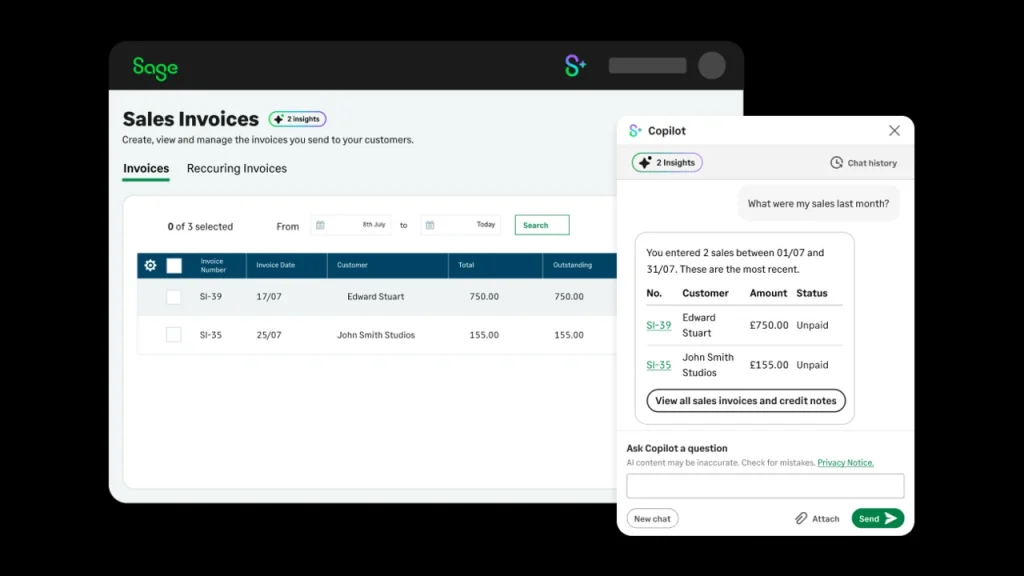 Screenshot of Sage accounting software featuring its AI Copilot, which answers a user's question about last month's sales invoices
