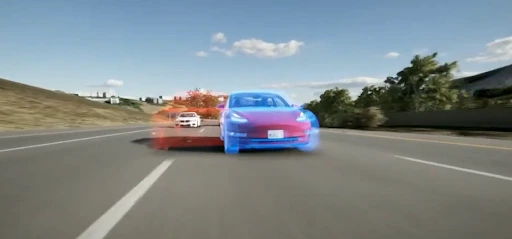 A Tesla driving on a highway with a blue digital overlay, visualizing how its computer vision system identifies other cars in red