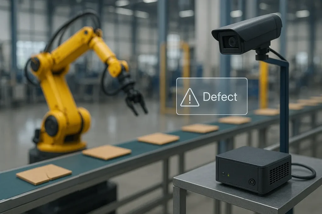 AI camera using computer vision to detect a defect on a factory assembly line, with a robotic arm in the background
