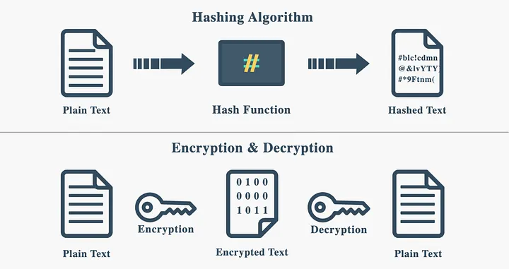 Diagram comparing a one-way hashing algorithm to a two-way encryption and decryption process for securing plain text data