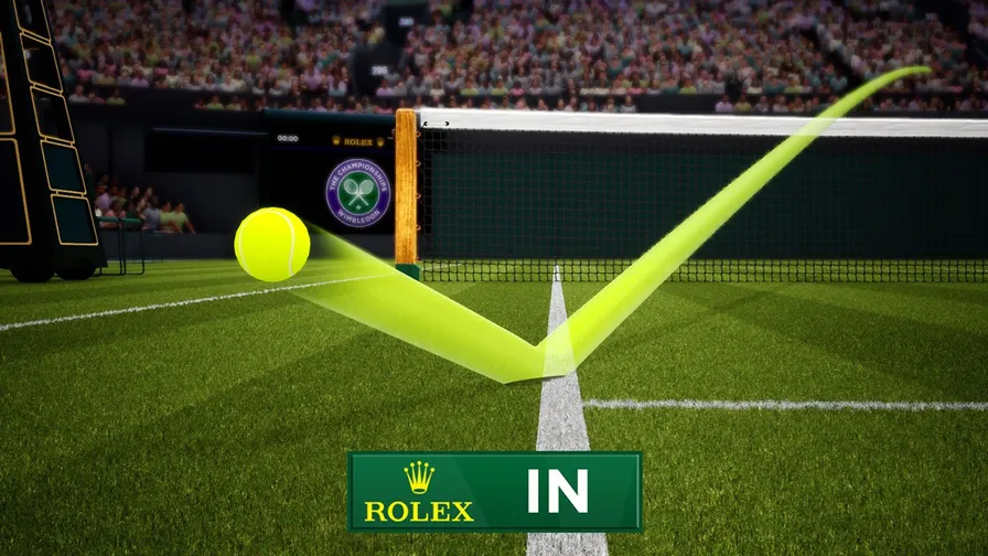 Hawk-Eye replay in tennis showing a ball's trajectory, proving it landed "IN" the court using computer vision ball tracking