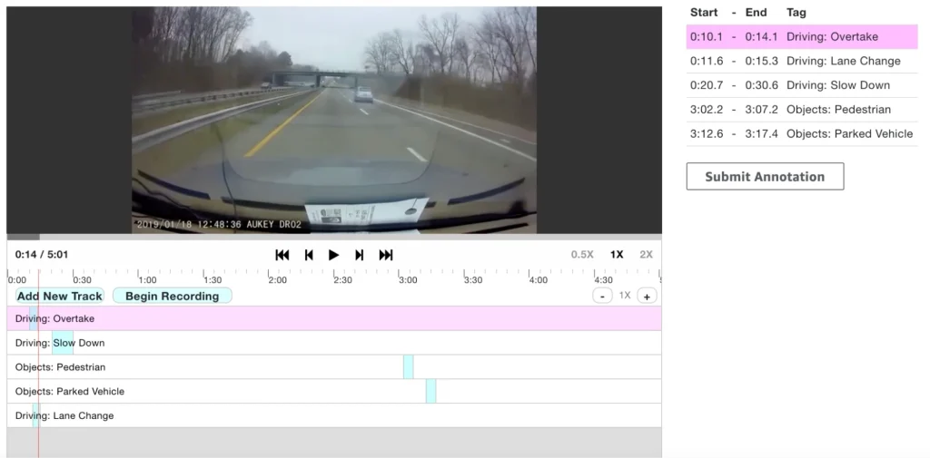 A video annotation platform for dashcam footage, showing events like "Overtake" and "Slow Down" tagged on a timeline