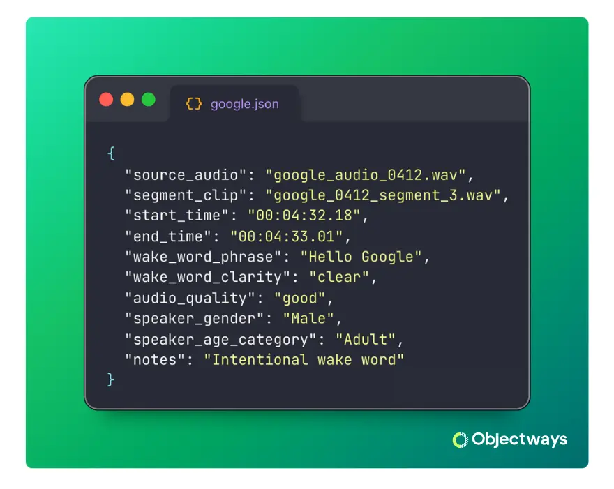 A JSON file showing the output of audio annotation, with metadata like speaker gender, wake word, and audio quality