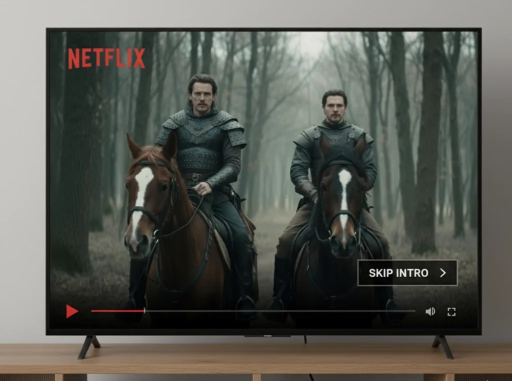 Netflix's "Skip Intro" feature on a TV, a use case of AI video annotation to identify and segment parts of a show