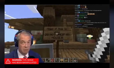 Example of a manipulated image warning on a video showing politician Nigel Farage seemingly playing the video game Minecraft