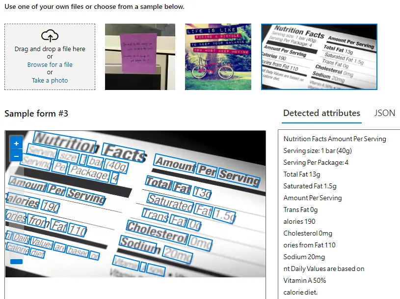 An OCR tool extracting text from a nutrition facts label, showing the detected attributes and values listed on the side