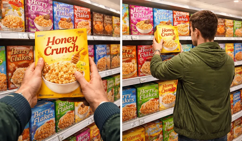 Comparison of egocentric (first-person) and exocentric (third-person) views of a man choosing a cereal box in a supermarket