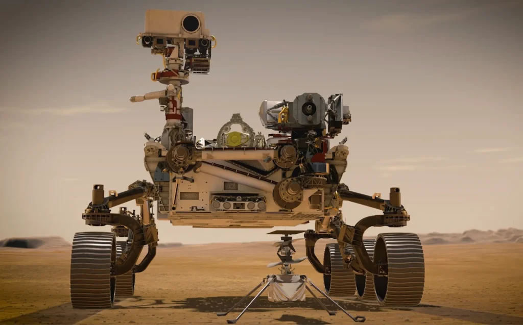 NASA's Perseverance rover on the surface of Mars, showcasing advanced robotics and AI for space exploration